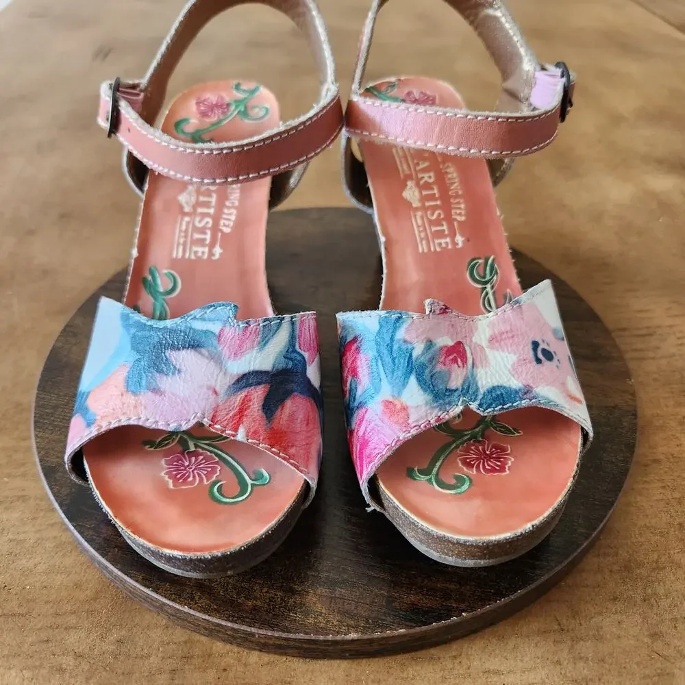 L'Artiste Spring Step Mauri Floral Sandals 37 Warm Orange Leather Hand Painted - Picture 3 of 16